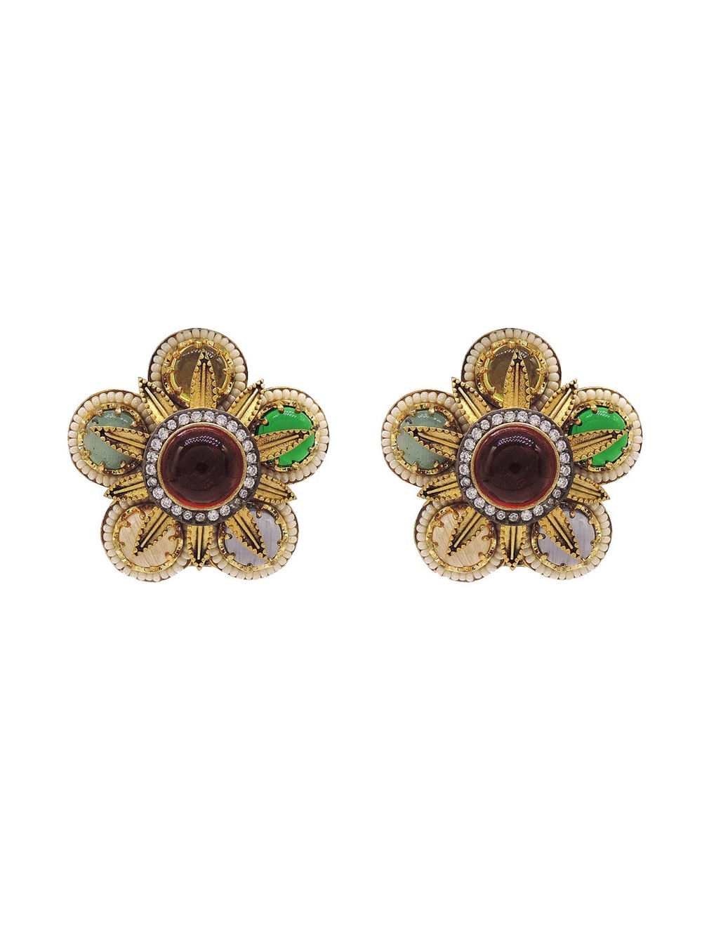 Gold Floral Statement Earrings with Green and Brown Accents